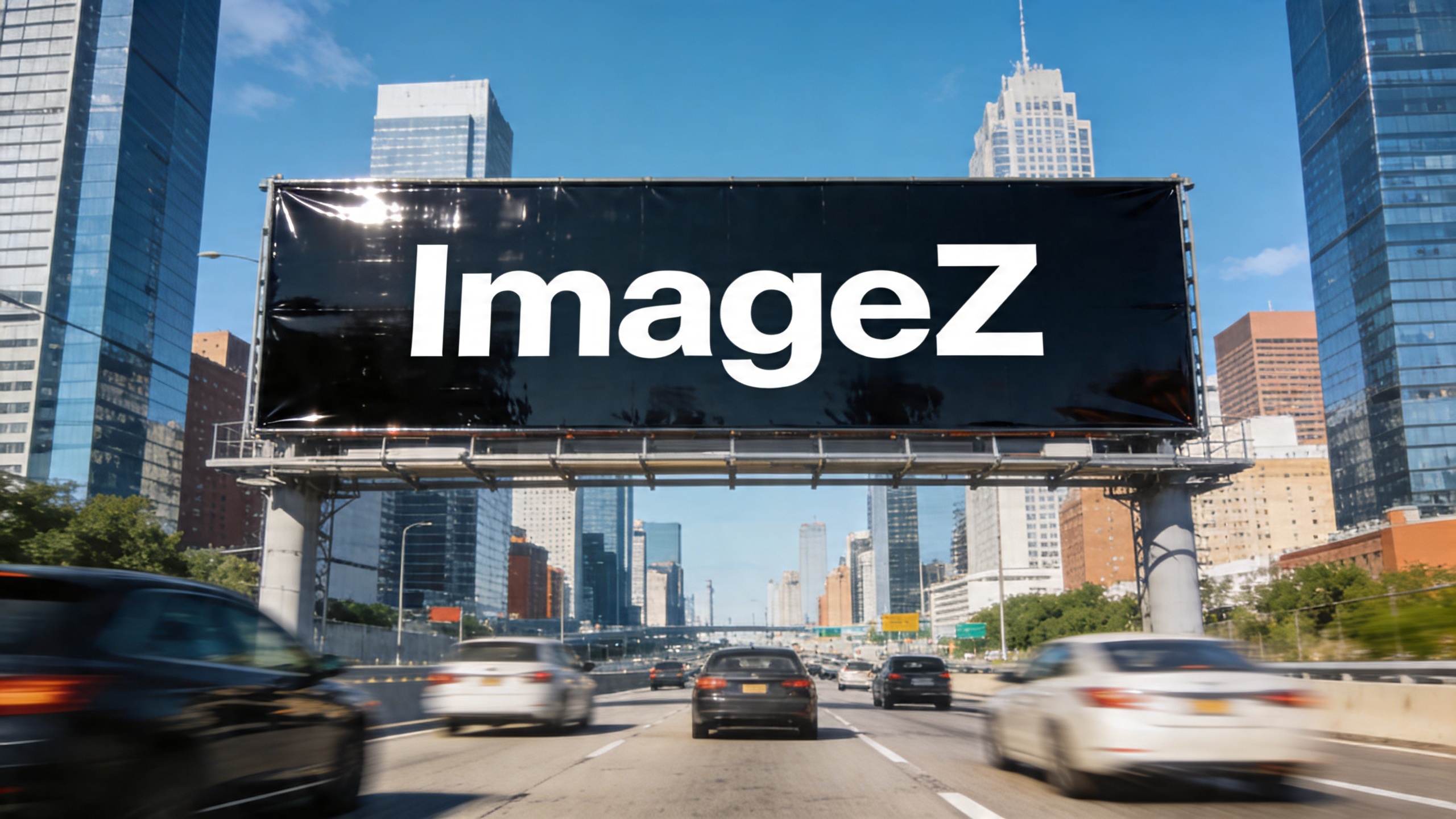 a billboard above busy highway traffic, fill in ImageZ, modern city skyline background, bright daylight commercial photography