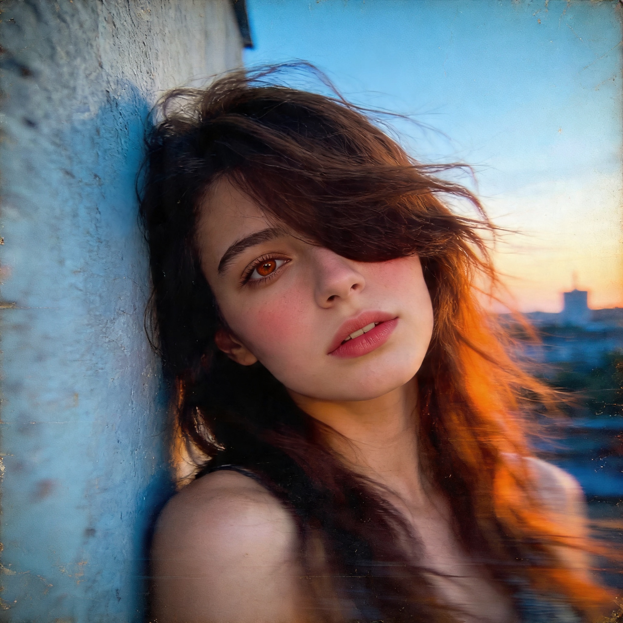masterpiece, detailed_eyes, high_quality, best_quality, highres, subject_focus, depth_of_field, realistic_body, (retro:1.4), (grunge), solo, woman, blue, orange, brown_hair, messy_hair, hair over eye, long hair, brown_eye, simple background, dynamic view, looking at viewer, face_focus, blush, motion, skyline, expression_dreamy, model_pose_leaning_against_wall,