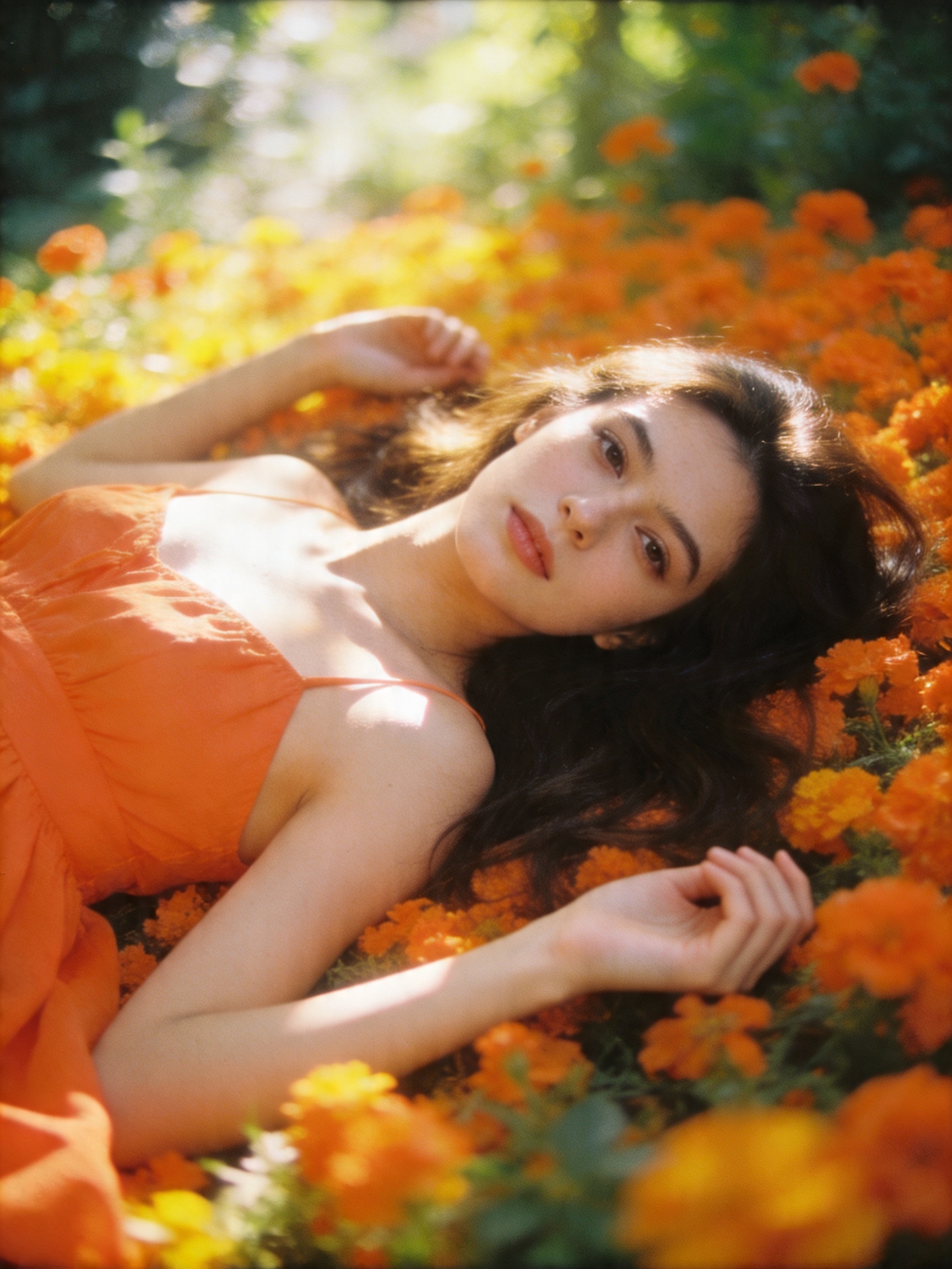 Kodak disposable photography of beautiful fashion model with orange dress, laying on orange flower bed