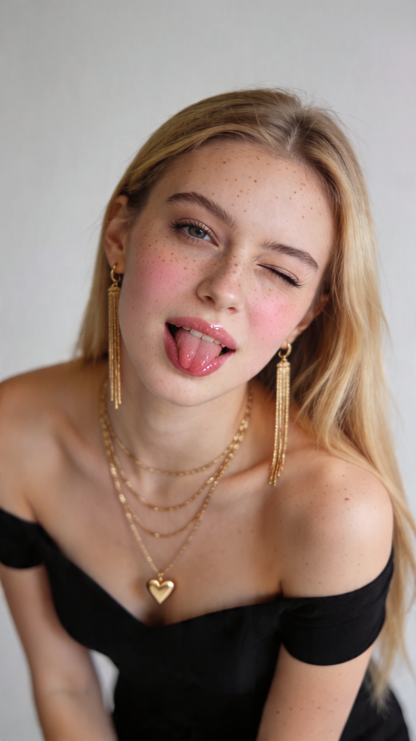 {
  "style": "ultra-realistic studio portrait",
  "subject": {
    "gender": "female",
    "age": "young adult",
    "pose": "leaning slightly forward toward the camera",
    "expression": "playful, flirty",
    "facial_details": {
      "wink": true,
      "tongue_out": true,
      "freckles": "natural across fair skin",
      "makeup": {
        "blush": "soft pink",
        "lips": "glossy"
      }
    },
    "hair": {
      "color": "blonde",
      "length": "long",
      "part": "side-parted",
      "style": "falling naturally over shoulders"
    },
    "outfit": {
      "dress": "off-shoulder fitted black dress",
      "jewelry": {
        "earrings": "long dangling gold earrings",
        "necklaces": "layered gold necklaces with small heart pendant"
      }
    }
  },
  "environment": {
    "setting": "studio",
    "background": "clean minimal light neutral tones"
  },
  "lighting": {
    "type": "soft diffused studio lighting",
    "shadows": "smooth natural shadows"
  },
  "camera": {
    "lens": "50mm",
    "aperture": "f/1.8",
    "depth_of_field": "shallow"
  },
  "quality": {
    "resolution": "high resolution",
    "detail": "ultra-detailed",
    "skin_texture": "photorealistic",
    "focus": "sharp focus",
    "photography_style": "high fashion lifestyle photography"
  }
}