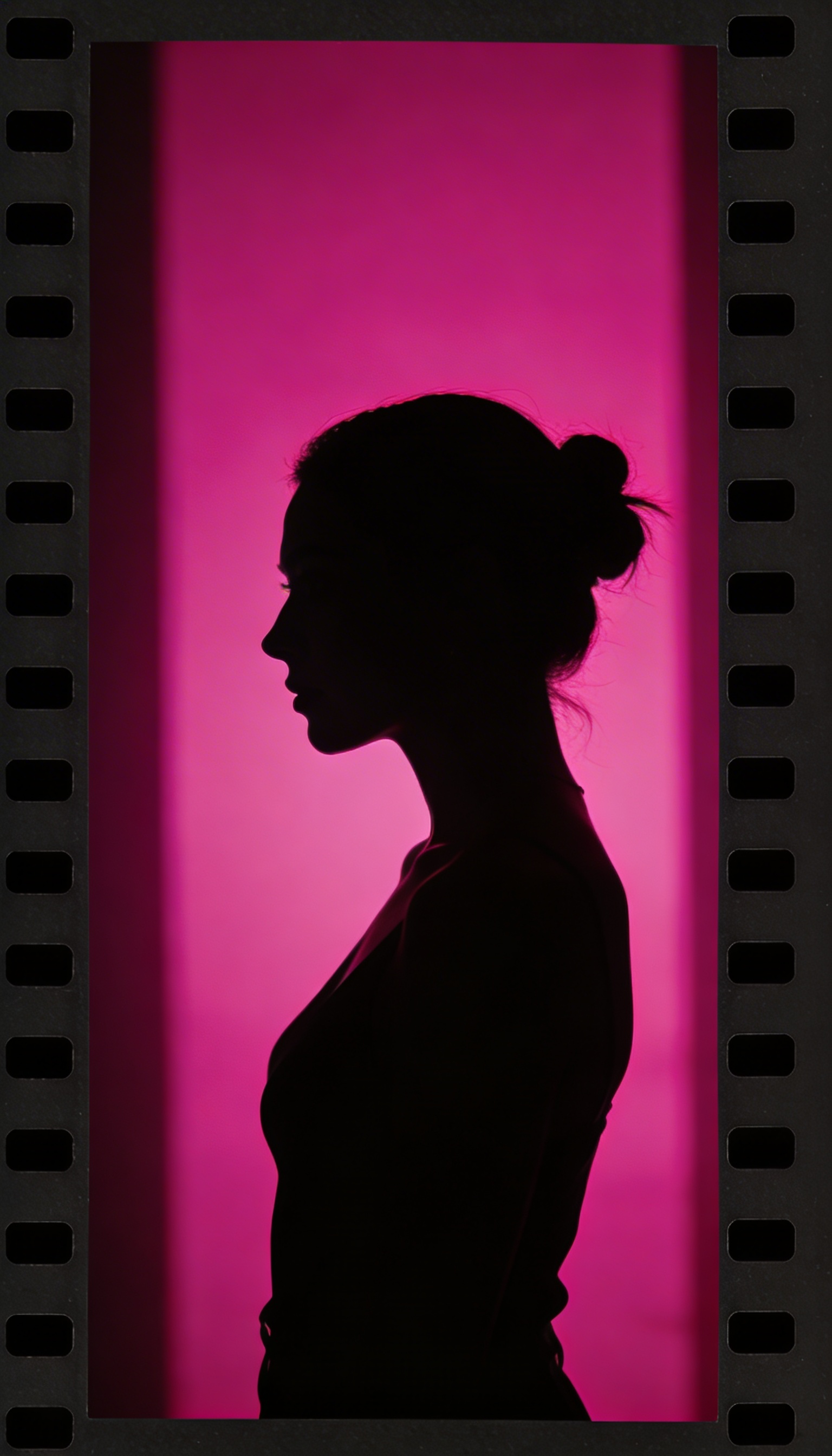 photography, portrait of contrast, profile silhouette of a woman, vibrant hot pink backdrop, visualize using a camera setup that mimics a large aperture, focusing solely on the silhouette's edge, while a low ISO maintains the richness of color without grain, photorealistic, UHD --ar 9:16 --chaos 1.7 --style raw