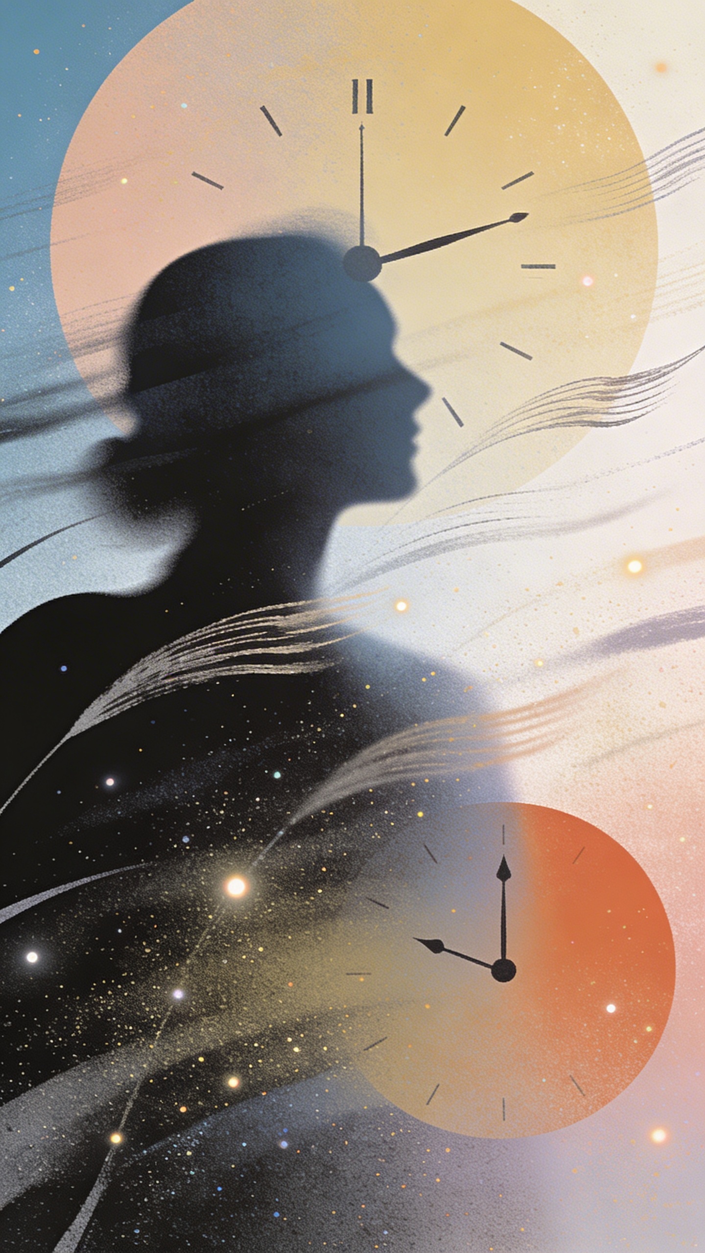 随机几种颜色搭配，非对称构图,极简艺术海报，光影层次感，光影质感，高清，颜色鲜明，高级，优雅，艺术氛围，氛围感浓厚，故事感，抽象表达，时光剪影，风声，笔触细腻，梦幻效果，意识朦胧美感，磨砂颗粒质感，肌理感，点点亮光，海报上面不要有多余文字。